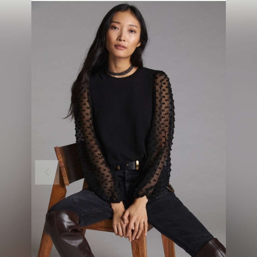 Maeve Black Sheer Dot-Sleeve Blouse